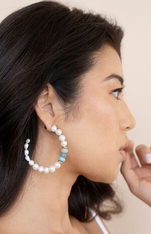 Beach Day Pearl and Blue Gemstone Hoop Earrings image number 7