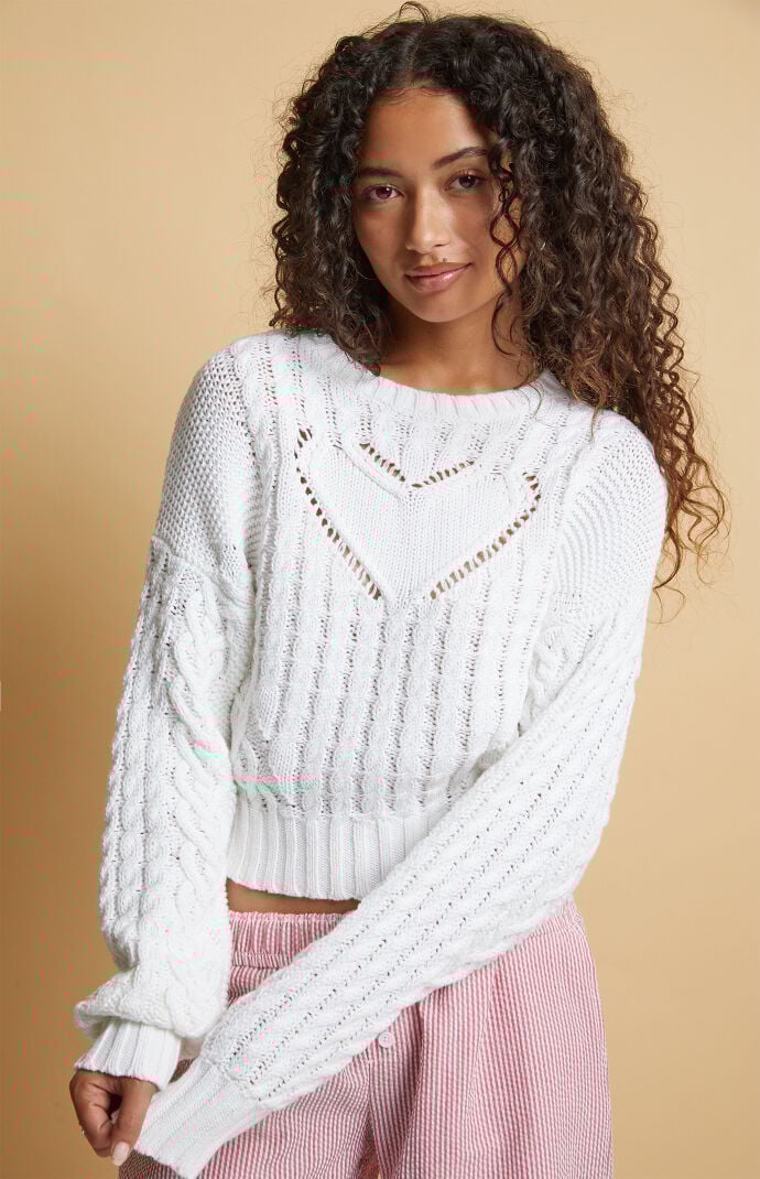 Beverly and Beck Women s Heart Cable Knit Crew Neck Sweater in White Size Medium