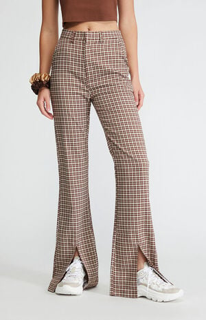 Daisy Street Brown Plaid Split Hem Flared Trousers