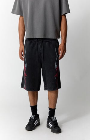 Washed Black Fleece Graphic Baggy Sweat Shorts image number 2