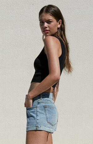 Light Indigo Roll Cuff Denim Mom Shorts image number 3