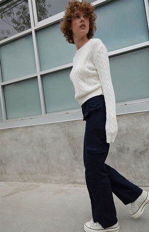White Cable Knit Cropped Sweater image number 3
