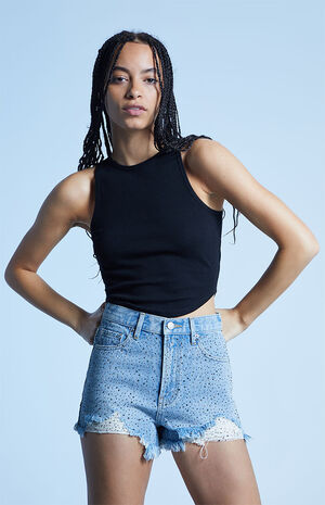 Eco Light Blue Sparkle Ripped Vintage High Waisted Denim Shorts image number 2