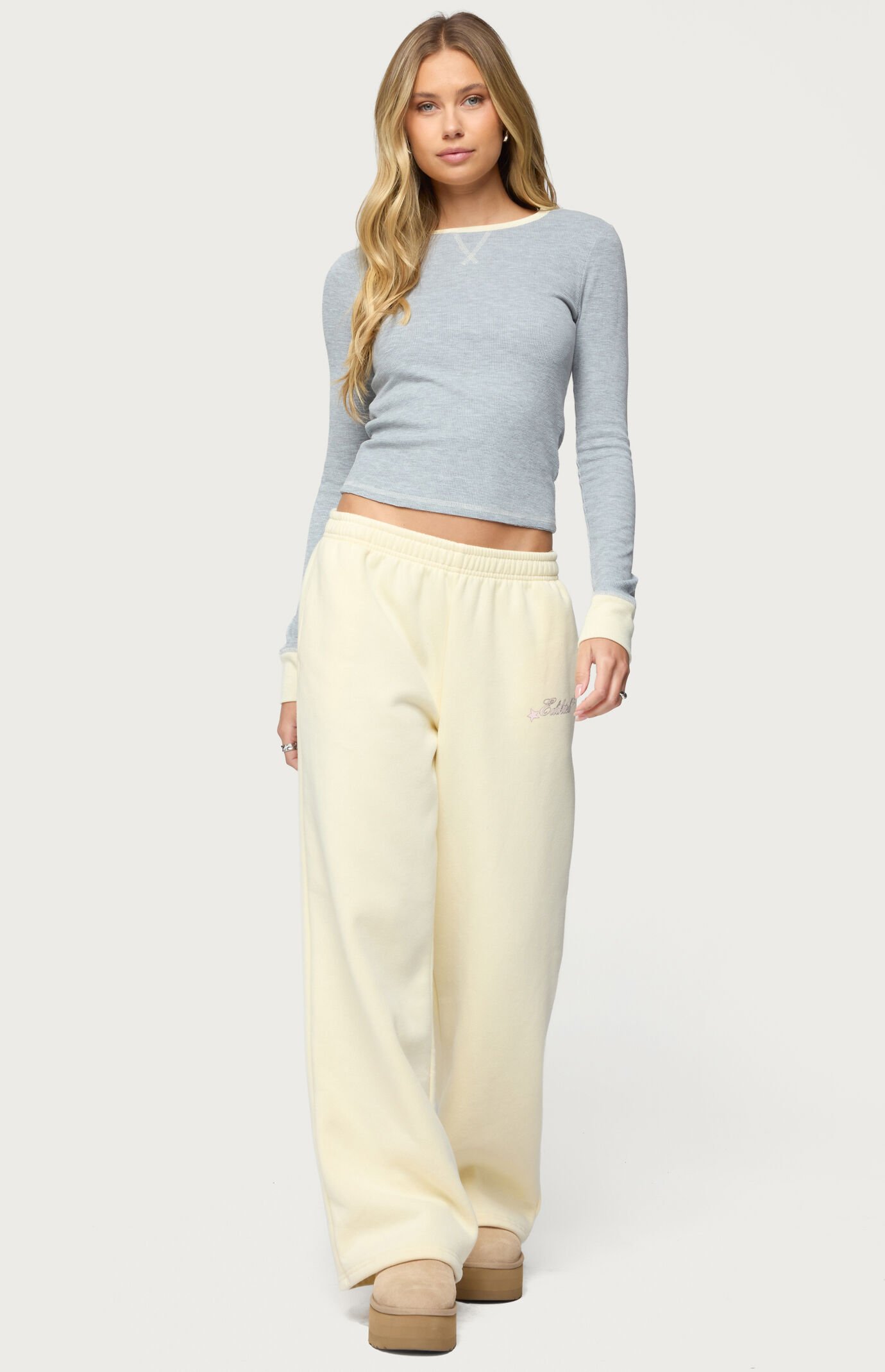 Edikted Rora Contrast Long Sleeve Waffle Top