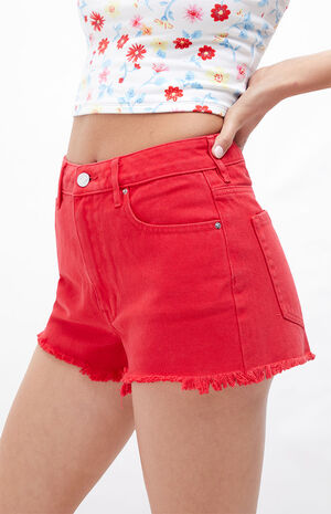 Eco Red High Waisted Denim Festival Shorts image number 2
