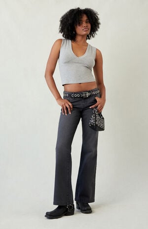 Jade Low Rise Button Pocket Bootcut Jeans Faded Black