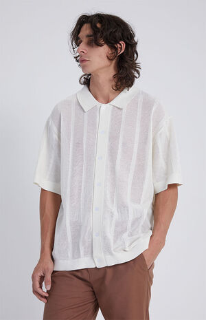 Off White Open Knit Button Down Shirt image number 1