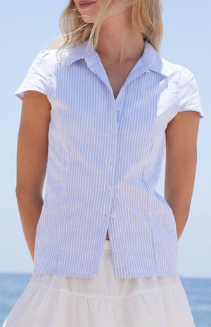 Blue & White Striped Rue Collared Top image number 2