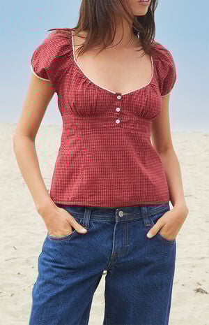 Burgundy Plaid Blair Short Sleeve Top