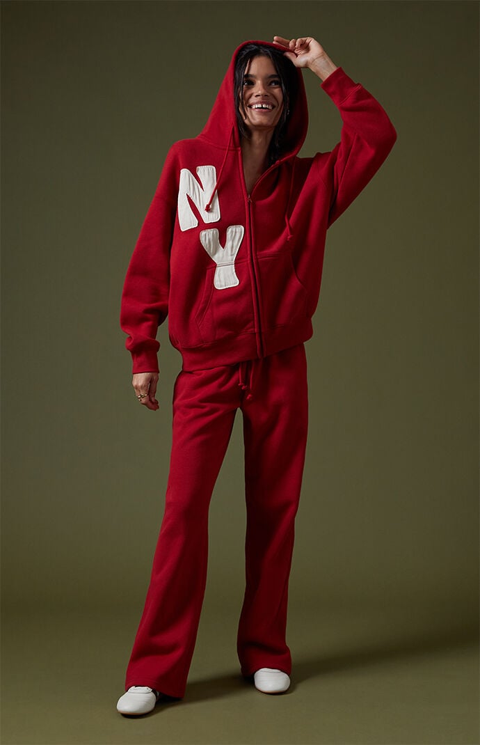 Pacsun Red Big NY Applique Zip Up Hoodie