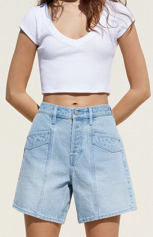 Light Indigo High Waisted Relaxed Denim Shorts image number 1