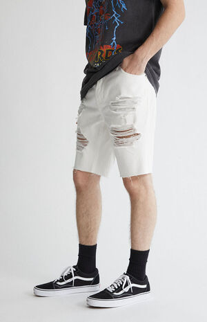 White Destroyed Denim Shorts image number 3