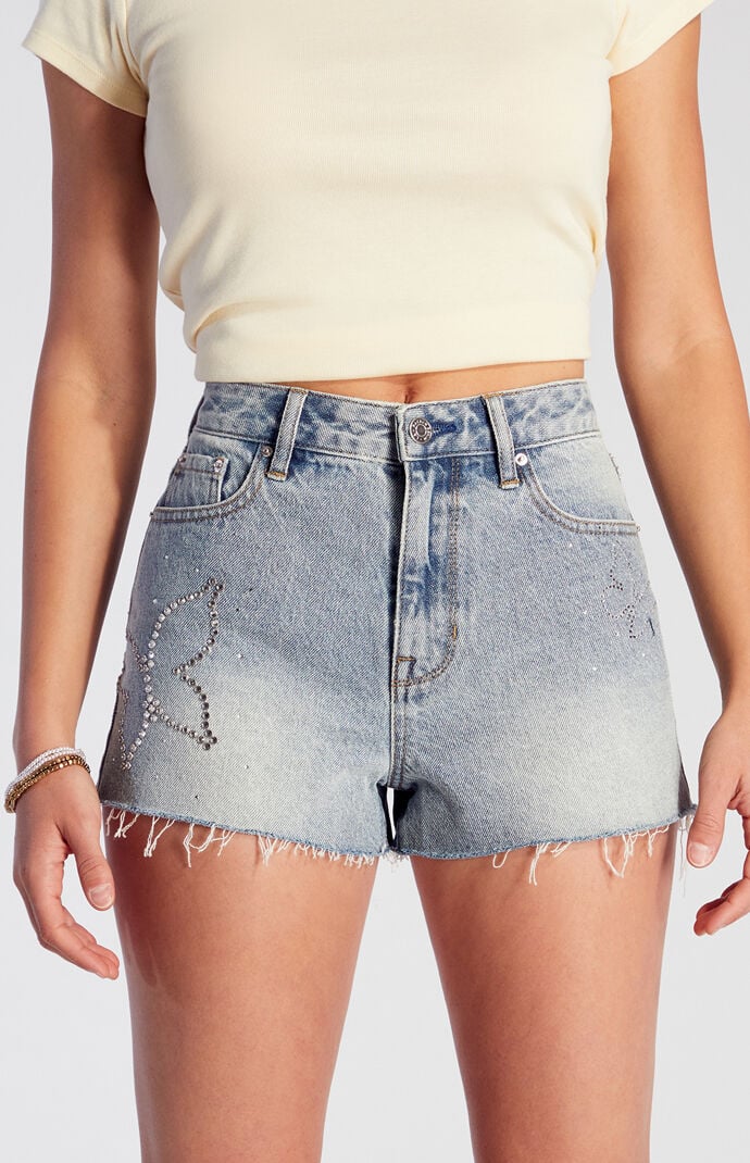 パンツ CHAIN GRAPHIC EMBELLISHED SHORTS New Shein SXY High-Waist Chain Up Raw Trim Laced Whitewash