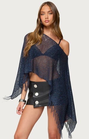 Sequin Fringe Knit Poncho image number 1