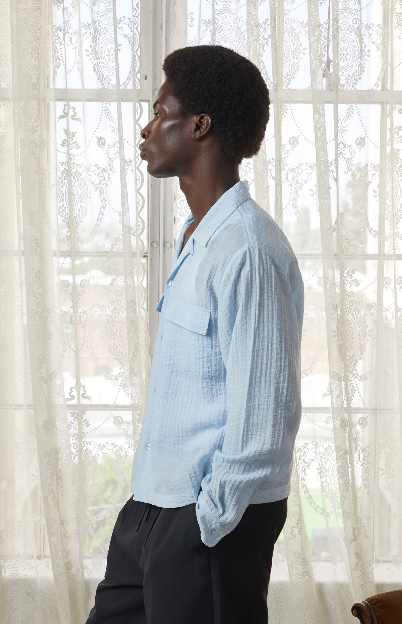 The Met x Pacsun Seersucker Cropped Button Up Long Sleeve Shirt