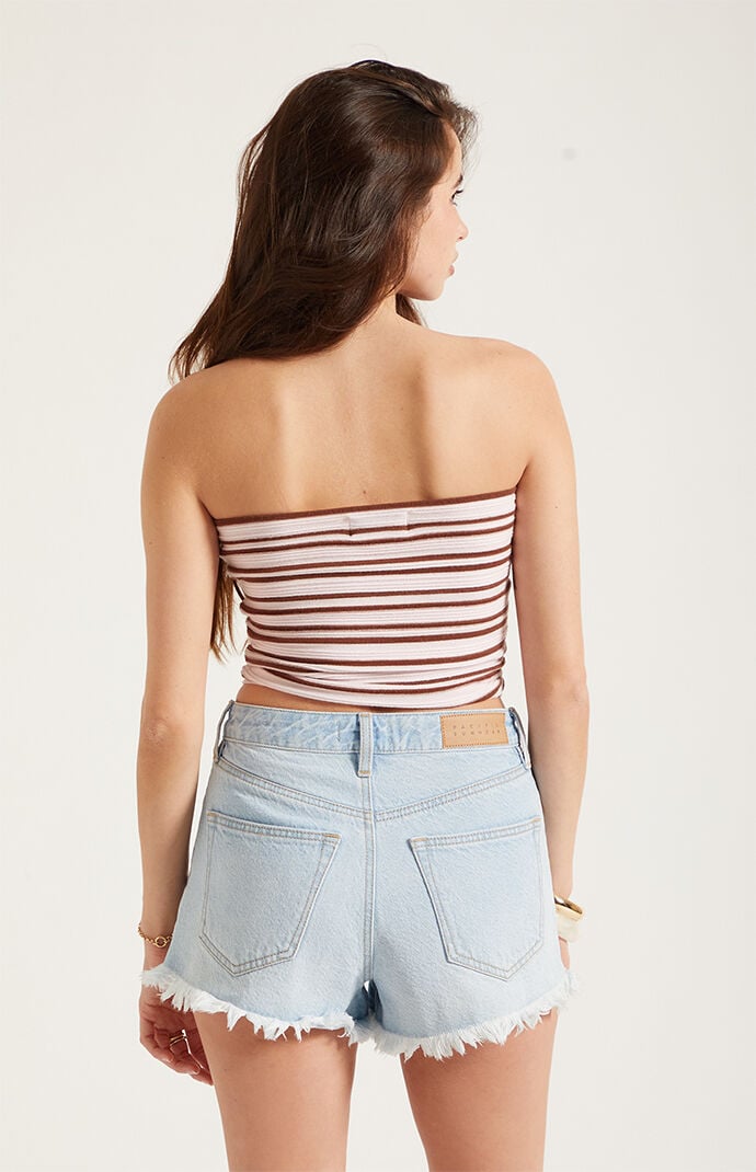 Pacsun Ivy High Waisted Denim Festival Shorts Ripped Button Fly Light Blue