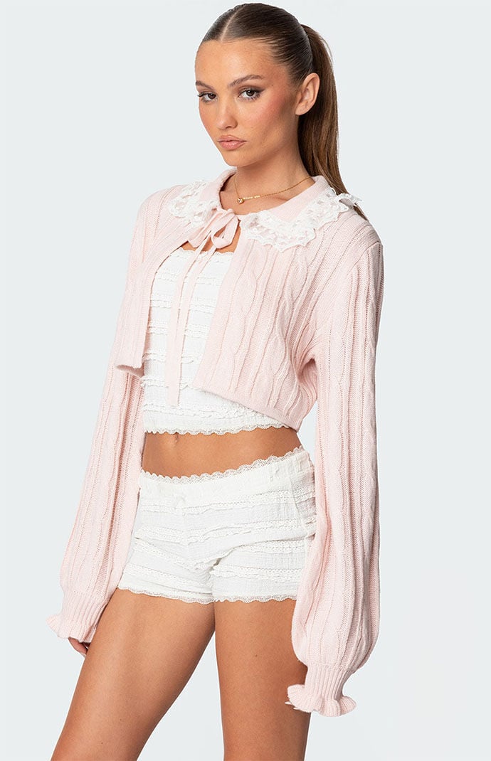 Edikted Lacey Collared Cable Knit Cardigan | Pacsun