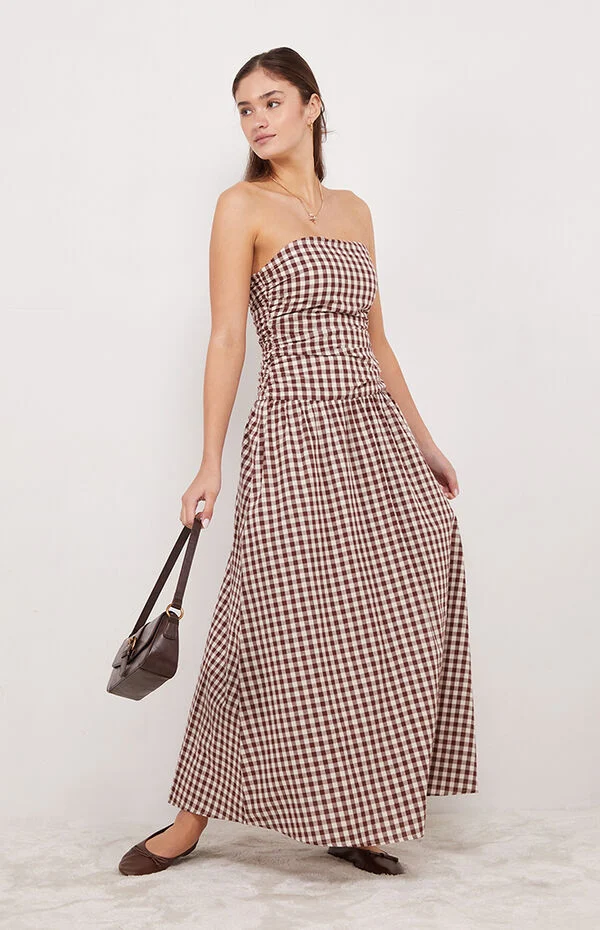 Your Favorite Women's Gemma Strapless Gingham Maxi Dress in Brown - Size XL
