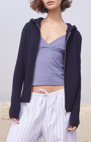 Navy Double Zip Hooded Sweater image number 1