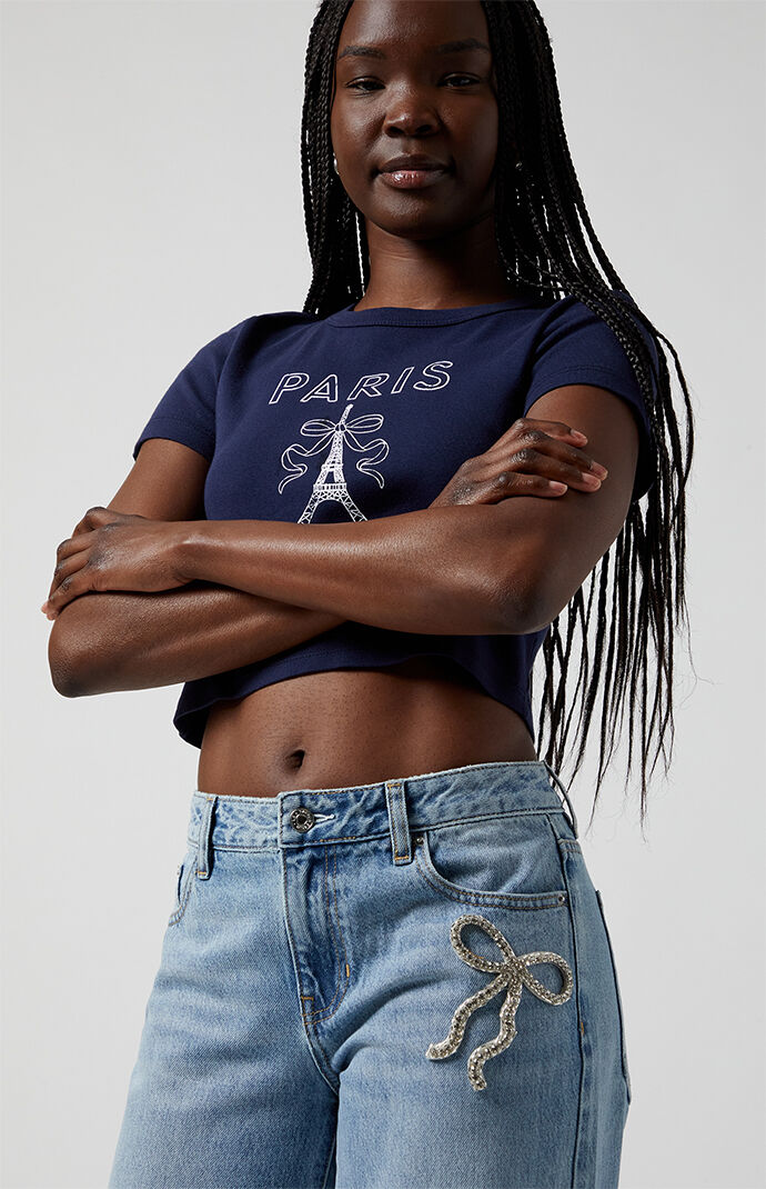 Pacsun Casey Low Rise Baggy Jeans Rhinestone Bow Light Indigo