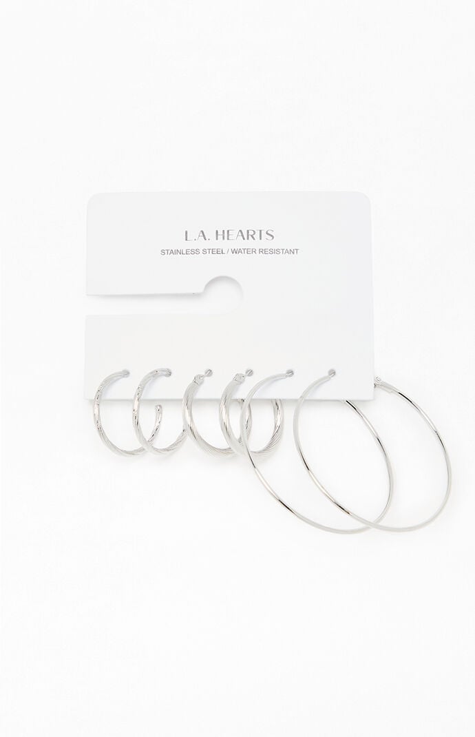 LA Hearts 3 Pack Silver Hoop Earrings