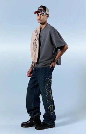 Dylan Baggy Jeans Frayed NYC Applique Dark Blue image number 1
