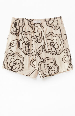 Tan Floral Embroidered Linen Volley Shorts image number 1