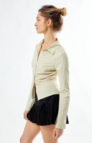 Striped Cinched Long Sleeve Button Down Shirt image number 3