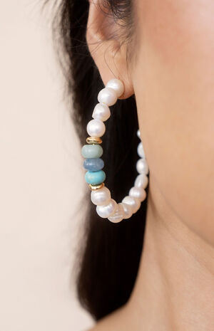 Beach Day Pearl and Blue Gemstone Hoop Earrings image number 4