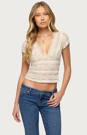 Avalee Sheer Lace V Neck Top image number 1