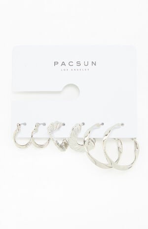 3 Pack Silver Textured Hoop Earrings image number 1