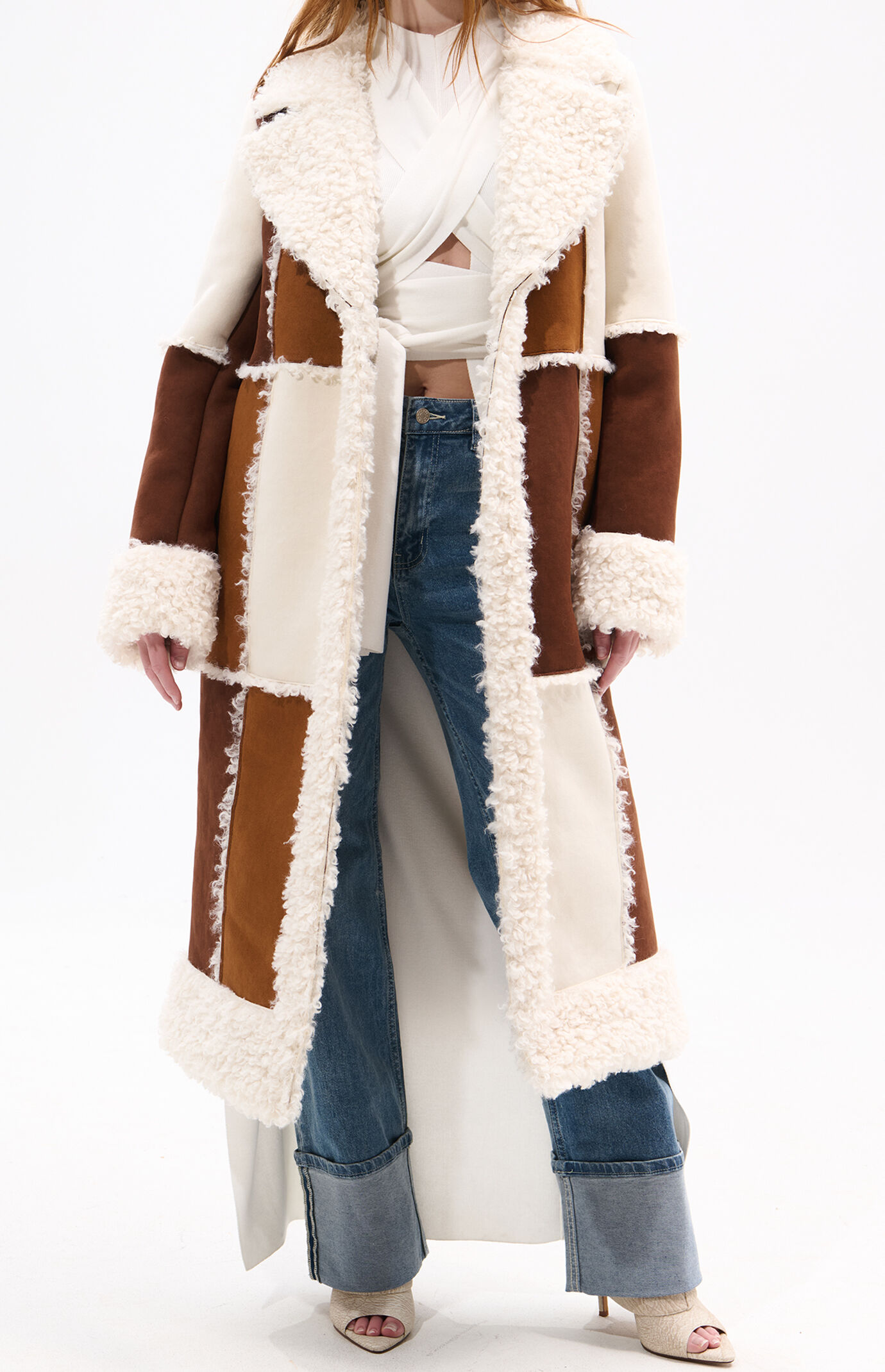 AZALEA WANG Telluride Tan Faux Fur Patchwork Shearling Coat