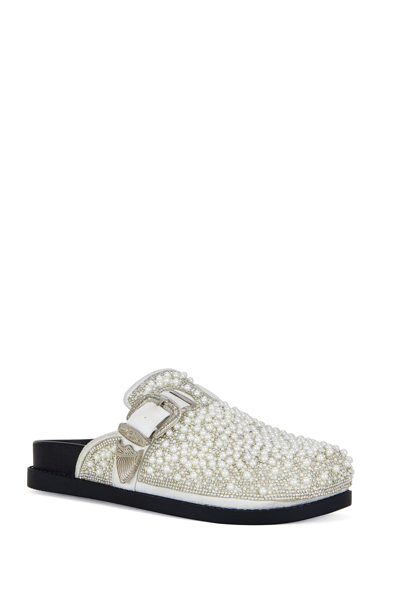 AZALEA WANG Virgile White Pearl Rhinestone Clogs