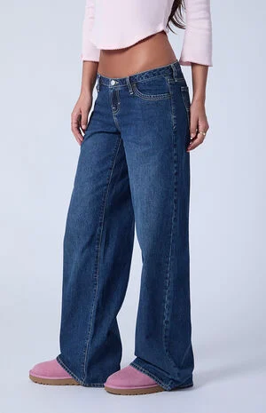 Kaia Ultimate Low Rise Baggy Jeans Contrast Stitch Dark Blue image number 3