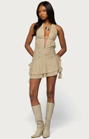 Shredded Backless Halter Mini Dress image number 1