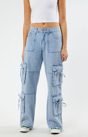 Light Indigo Ribbon Low Rise Baggy Cargo Jeans image number 3