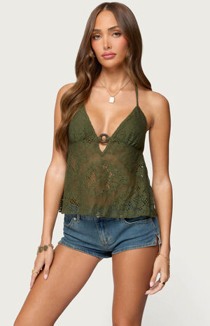 Sheer Crochet Babydoll Halter Top image number 1