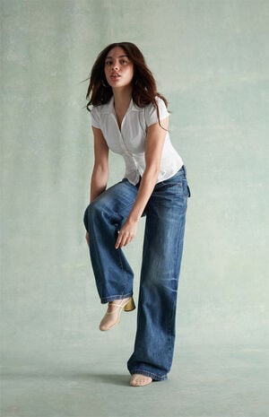 Light Blue Rhinestone Button Pocket Low Rise Baggy Jeans image number 5