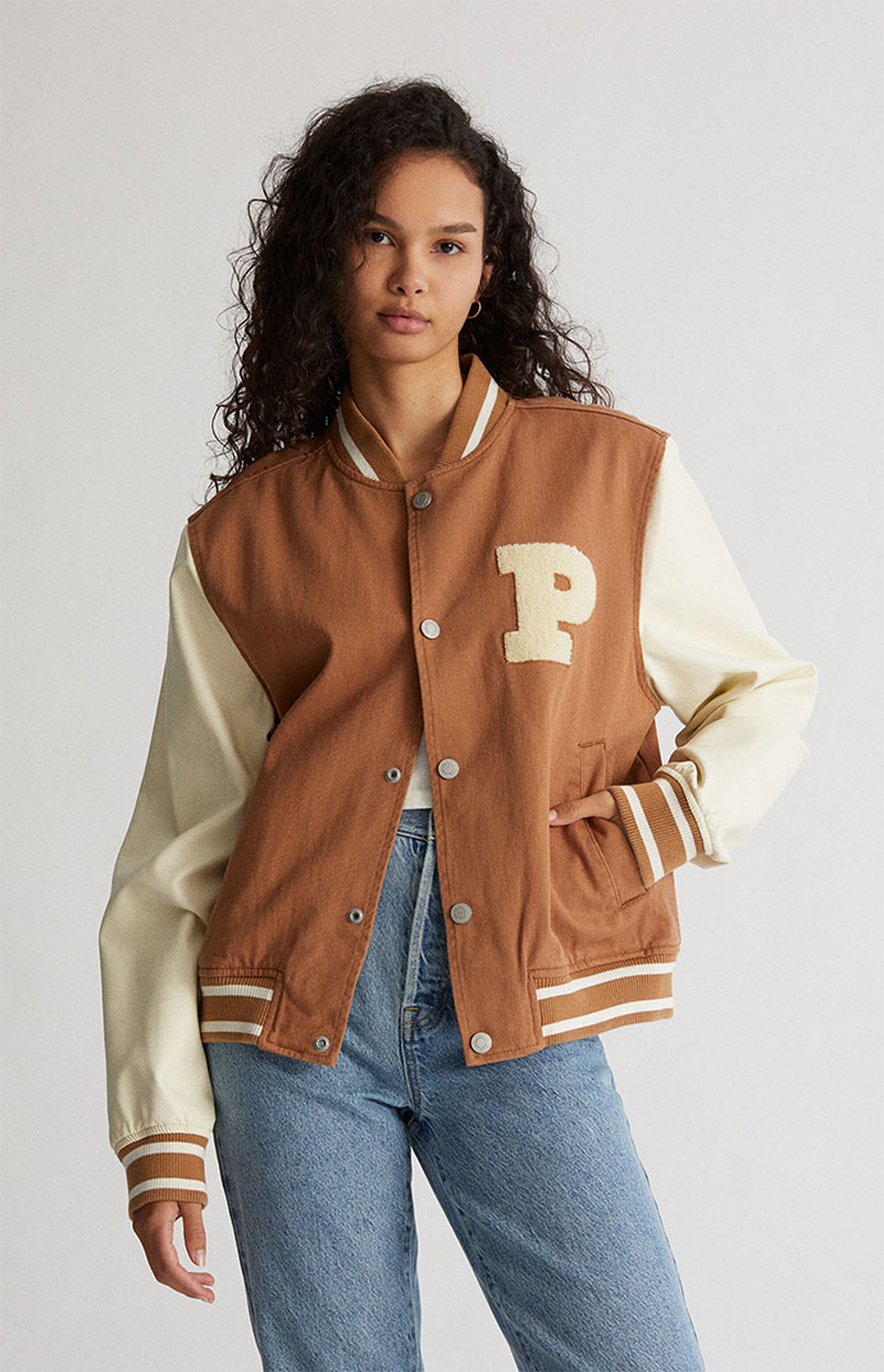PacSun Tan Varsity Bomber Jacket PacSun