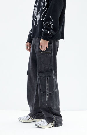 Black Wash Baggy Cargo Zip Jeans image number 1