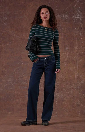 Sammy Ultimate Low Rise Straight Leg Jeans White Contrast Stitch Dark Blue image number 1