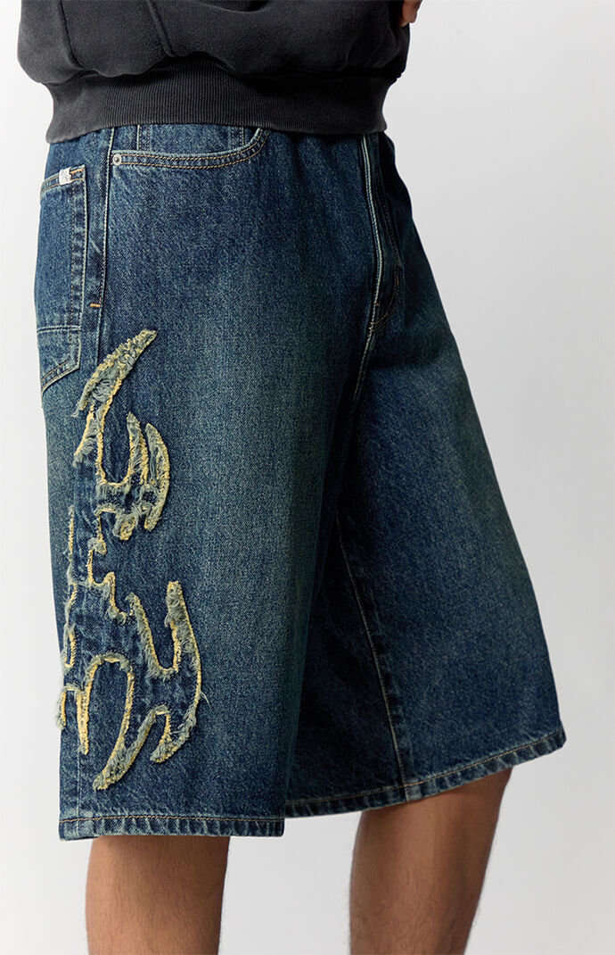 Pacsun Austin Extreme Baggy Jean Shorts Cyber Applique Dark Blue