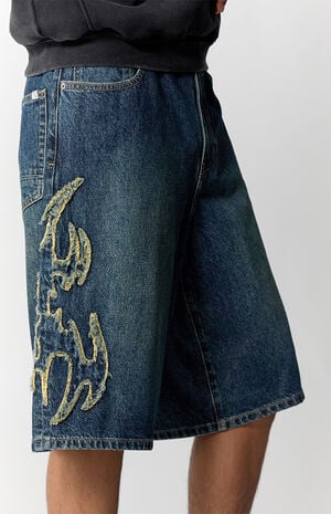 Austin Extreme Baggy Jean Shorts Cyber Applique Dark Blue image number 5