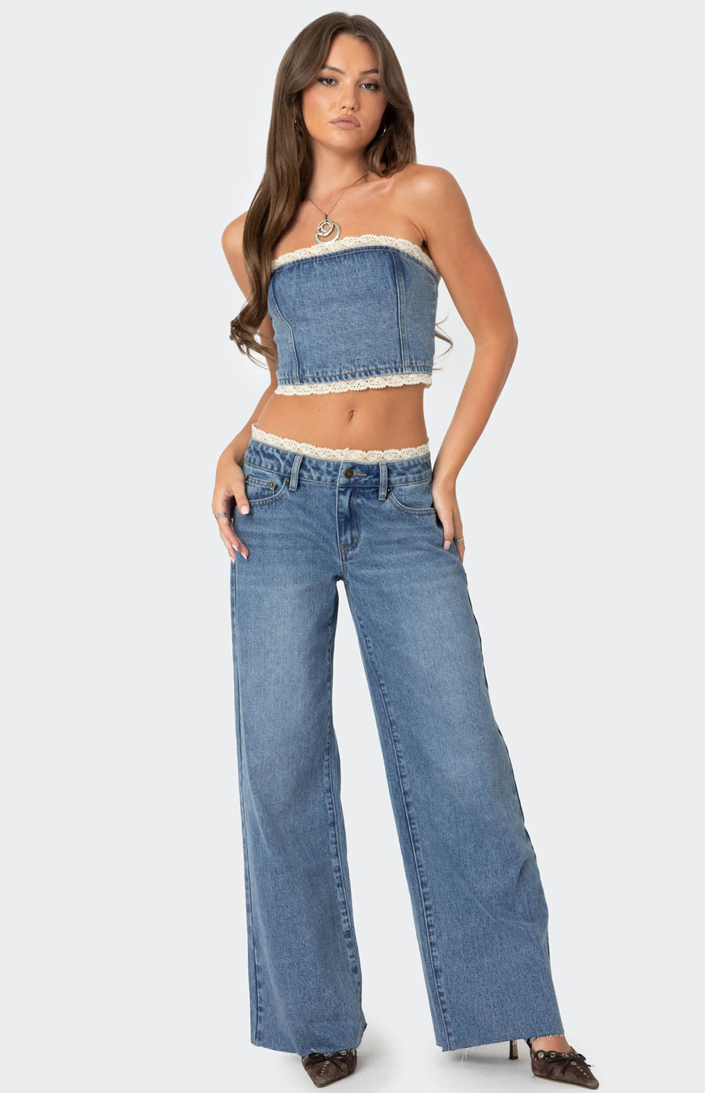 Edikted Karlie Lace Trim Denim Tube Top | PacSun
