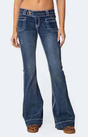 Contrast Stitch Low Rise Flared Jeans image number 2