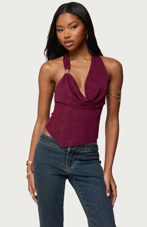 Mimi Asymmetric Textured Mesh Halter Top image number 1
