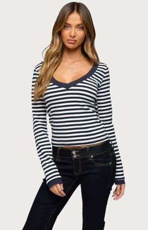 Kimi Striped Long Sleeve V Neck Top image number 1