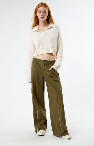 Olive Zip Low Rise Cargo Puddle Pants