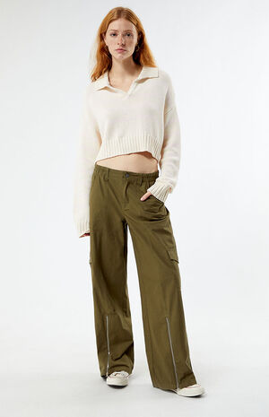 Olive Zip Low Rise Cargo Puddle Pants image number 1