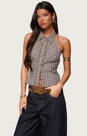 Imrie Plaid Collared Halter Top image number 2